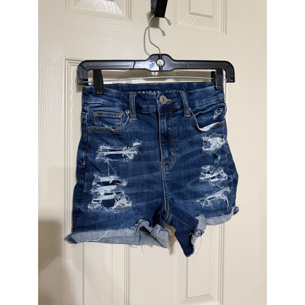 American Eagle Curvy Hi-Rise Shortie Distressed Denim Shorts Dark Wash Sz 0